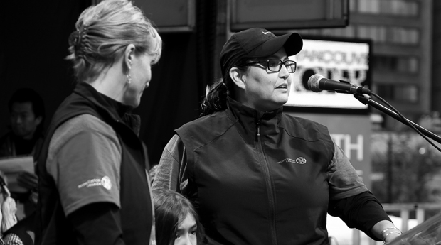 Karen Joseph and Chris Little address the crowd at the Walk for Reconciliation.