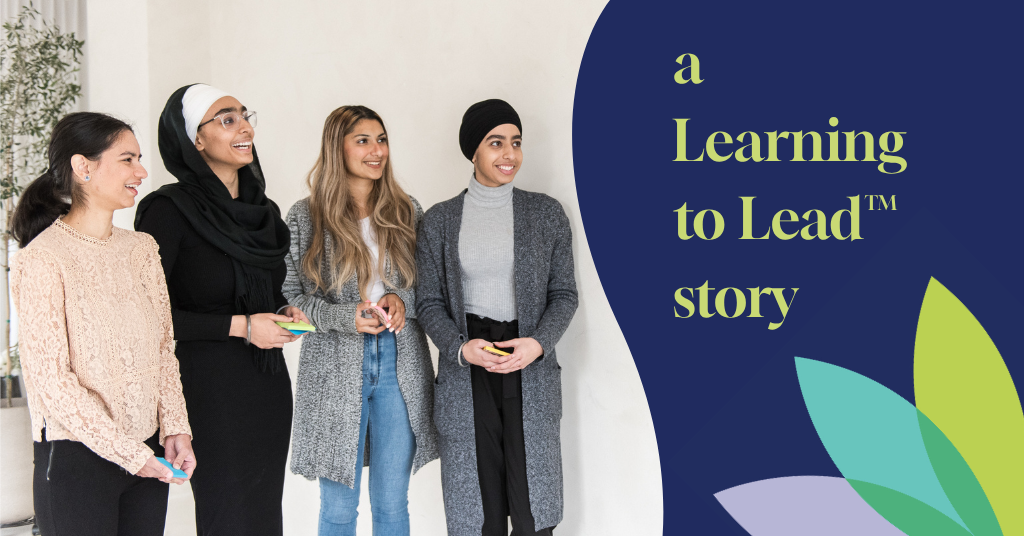 Four youth standing side by side and smiling. Text reads "a Learning to Lead story".